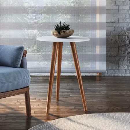 Mesa Ratona Circular Mesa Auxiliar Blanca Patas En Madera: imagen 3